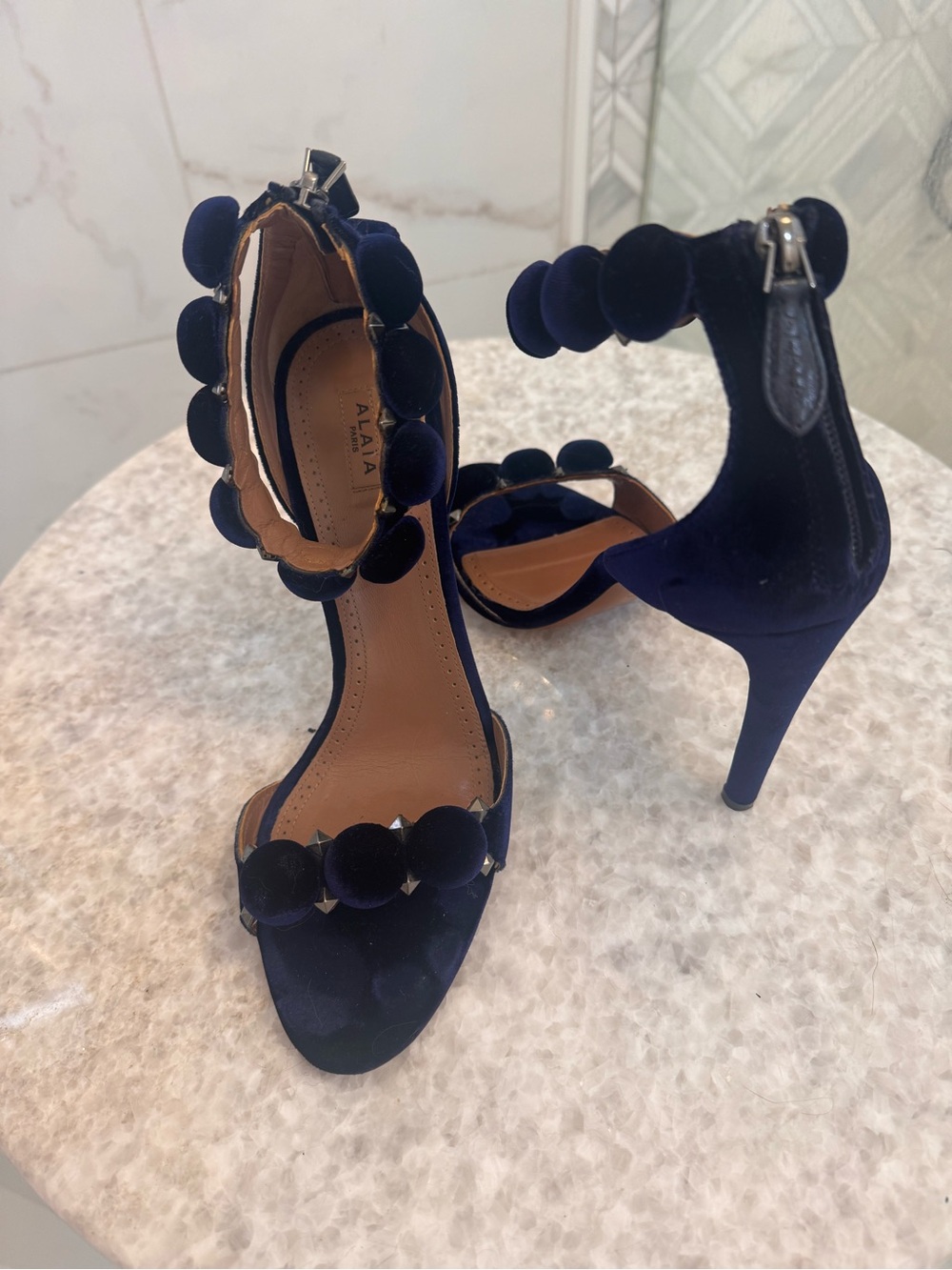 Alaia Navy Satin Pom-Pom Ankle-Strap Heels - Picture 10 of 16